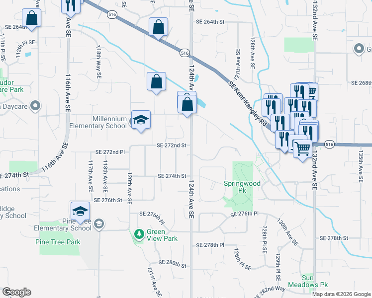 map of restaurants, bars, coffee shops, grocery stores, and more near 27205 124th Avenue Southeast in Kent