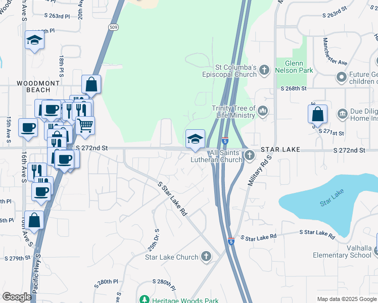 map of restaurants, bars, coffee shops, grocery stores, and more near 2617 South 272nd Street in Kent
