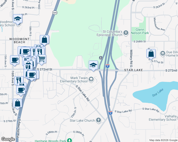 map of restaurants, bars, coffee shops, grocery stores, and more near 27016 26th Avenue South in Kent