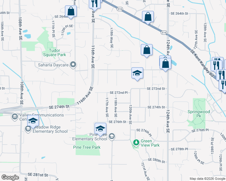 map of restaurants, bars, coffee shops, grocery stores, and more near 11720 Southeast 272nd Place in Kent