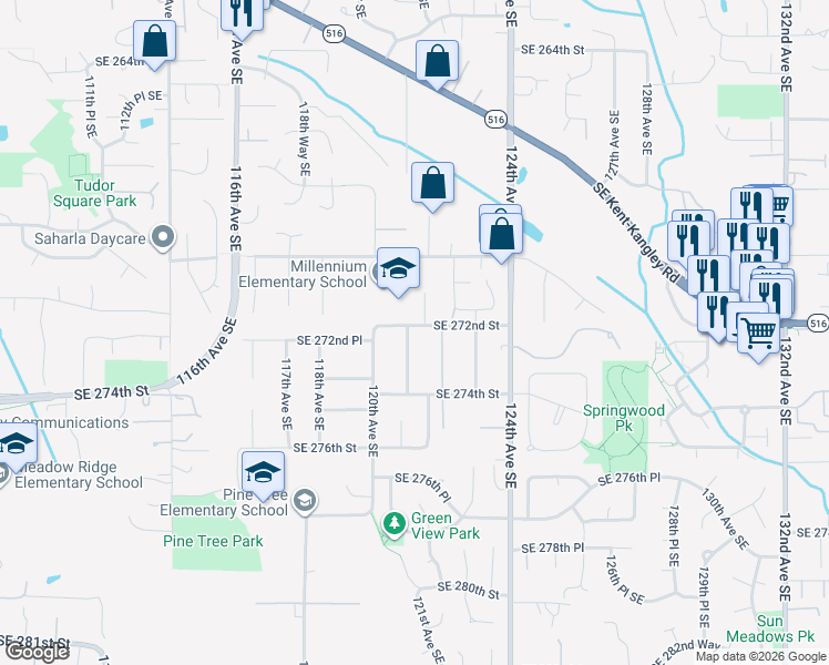 map of restaurants, bars, coffee shops, grocery stores, and more near 27210 121st Avenue Southeast in Kent