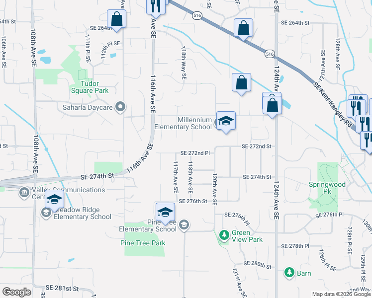map of restaurants, bars, coffee shops, grocery stores, and more near 11720 Southeast 272nd Place in Kent