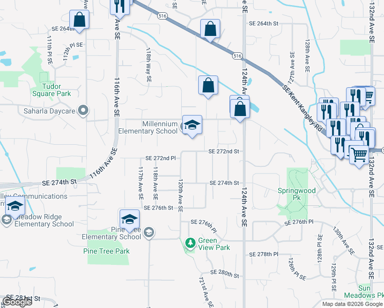 map of restaurants, bars, coffee shops, grocery stores, and more near 27210 120th Avenue Southeast in Kent