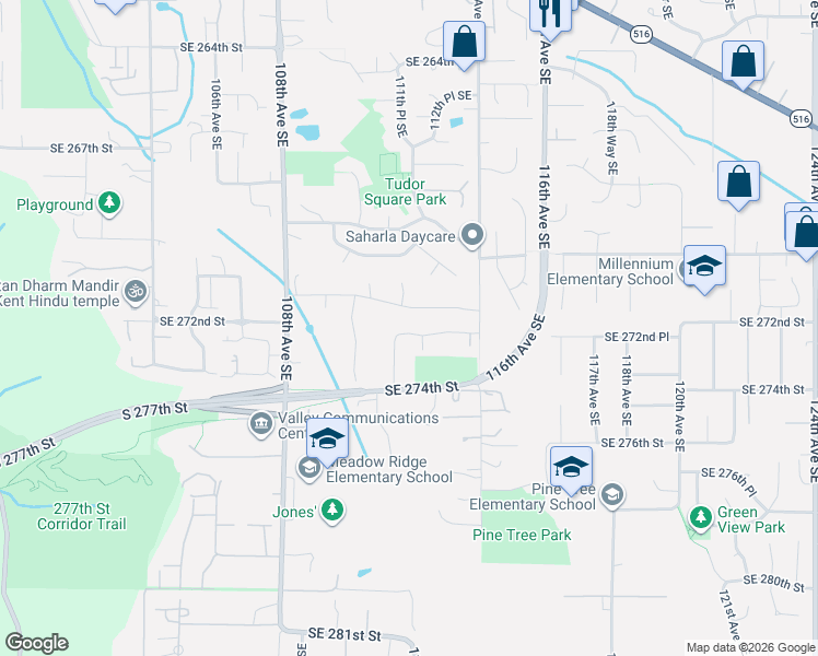 map of restaurants, bars, coffee shops, grocery stores, and more near 11207 Southeast 271st Street in Kent