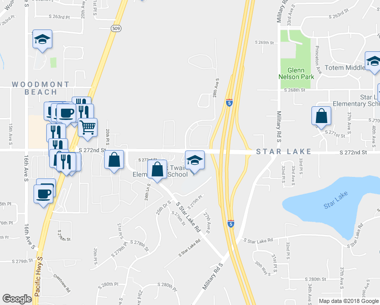 map of restaurants, bars, coffee shops, grocery stores, and more near 27016 26th Avenue South in Kent