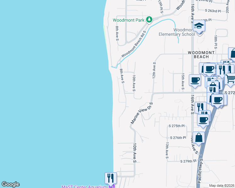 map of restaurants, bars, coffee shops, grocery stores, and more near 27061 7th Place South in Des Moines