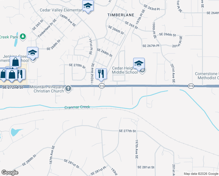 map of restaurants, bars, coffee shops, grocery stores, and more near 19403 Southeast 272nd Street in Covington