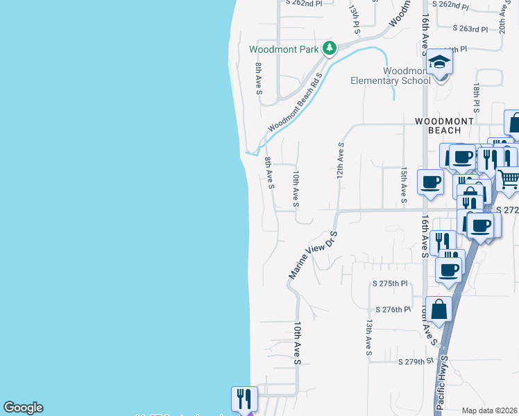 map of restaurants, bars, coffee shops, grocery stores, and more near 27061 7th Place South in Des Moines