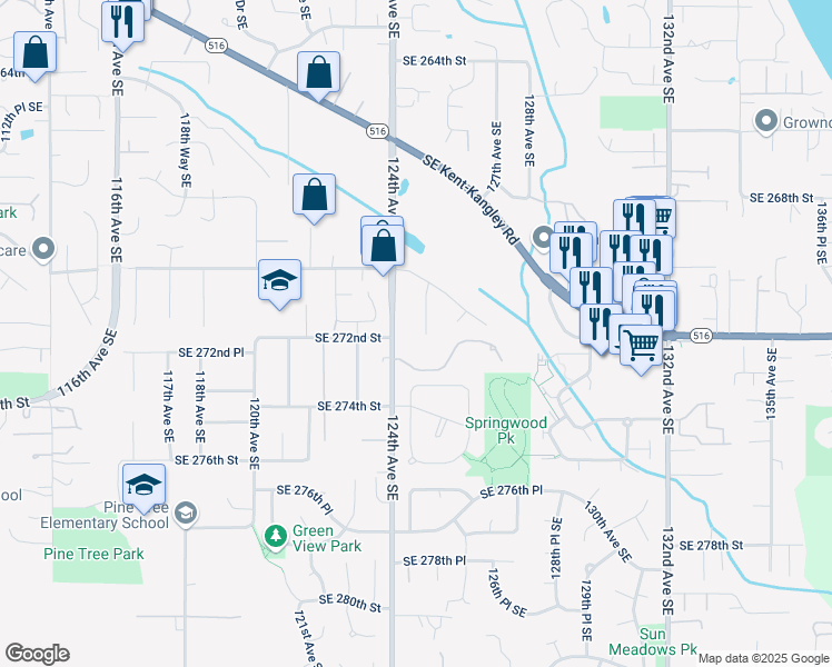 map of restaurants, bars, coffee shops, grocery stores, and more near 27051 125th Avenue Southeast in Kent