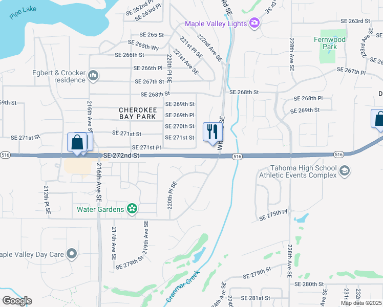 map of restaurants, bars, coffee shops, grocery stores, and more near 22210 Southeast 272nd Street in Maple Valley