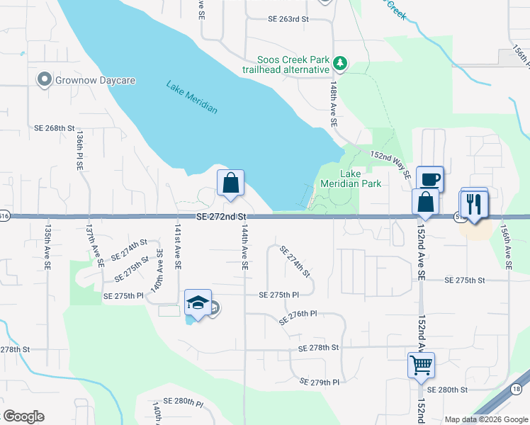 map of restaurants, bars, coffee shops, grocery stores, and more near 14446 Southeast 270th Place in Kent