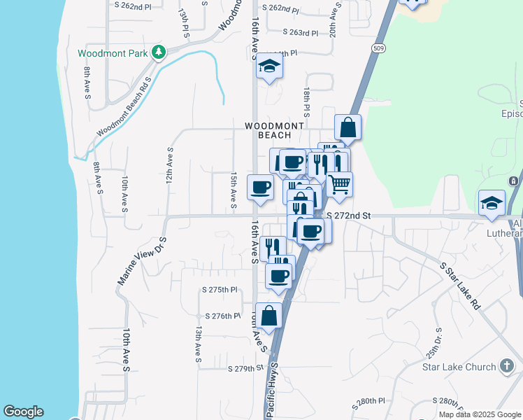 map of restaurants, bars, coffee shops, grocery stores, and more near 1600 South 272nd Street in Des Moines