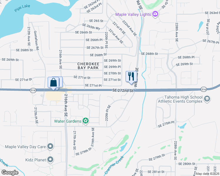 map of restaurants, bars, coffee shops, grocery stores, and more near 22015 Southeast 271st Place in Maple Valley