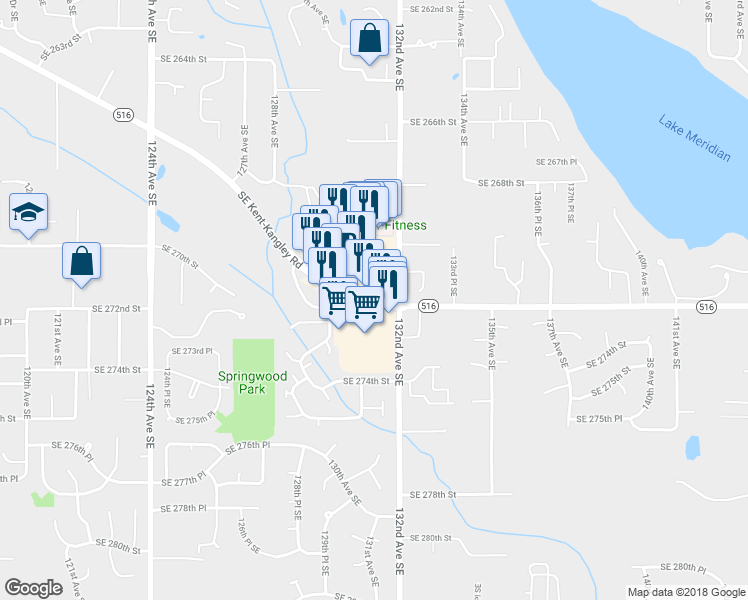 map of restaurants, bars, coffee shops, grocery stores, and more near 12926 Kent-Kangley Road in Kent