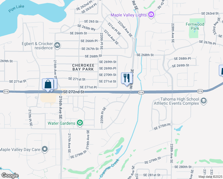 map of restaurants, bars, coffee shops, grocery stores, and more near 22045 Southeast 271st Place in Maple Valley