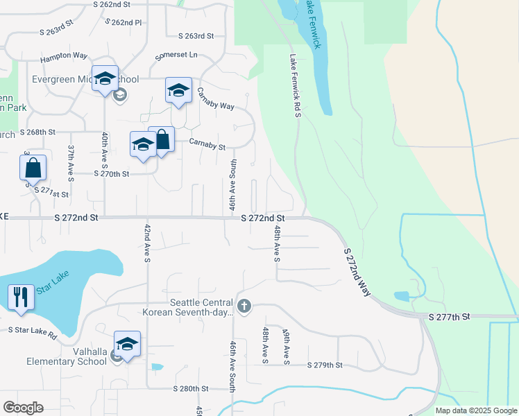 map of restaurants, bars, coffee shops, grocery stores, and more near 105 47th Place South in Kent