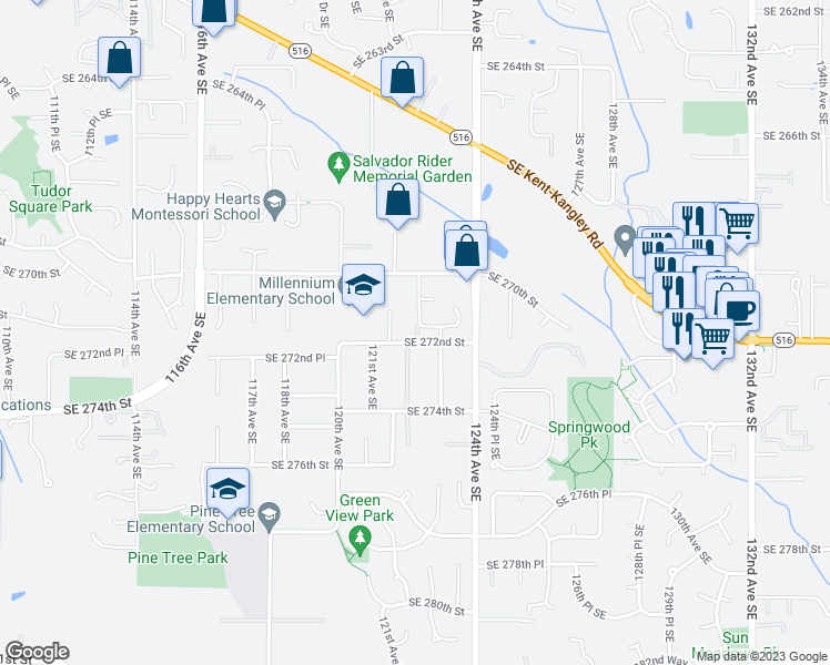 map of restaurants, bars, coffee shops, grocery stores, and more near 27123 122nd Place Southeast in Kent