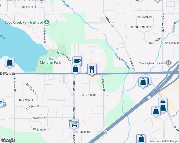 map of restaurants, bars, coffee shops, grocery stores, and more near 1 153rd Place Southeast in Kent