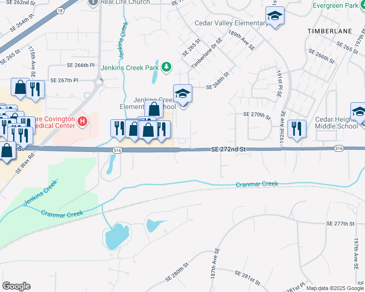 map of restaurants, bars, coffee shops, grocery stores, and more near 18523 Southeast 271st Court in Covington