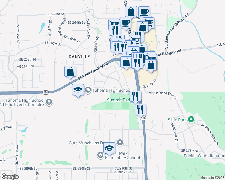 map of restaurants, bars, coffee shops, grocery stores, and more near 23675 Southeast Tahoma Way in Maple Valley