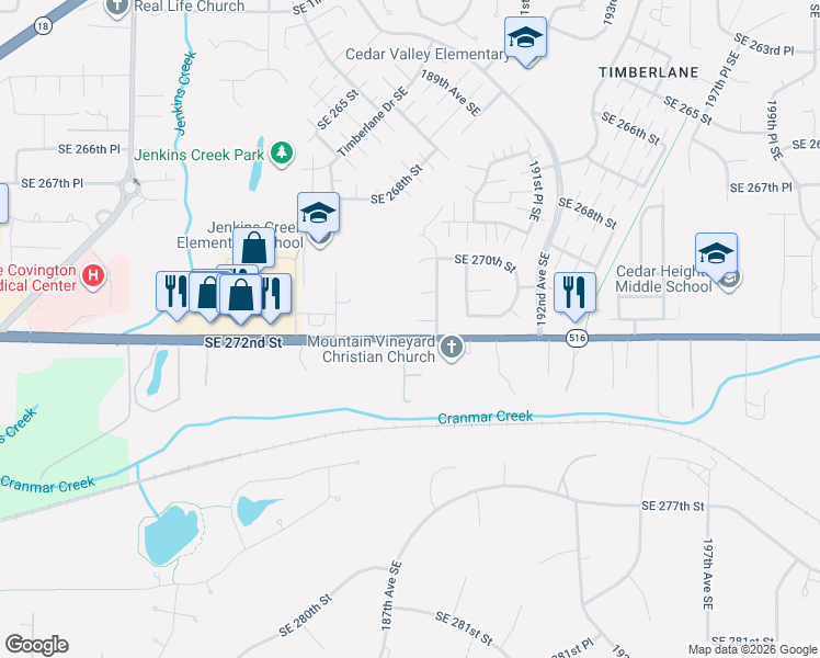 map of restaurants, bars, coffee shops, grocery stores, and more near 18817 Southeast 271st Place in Covington