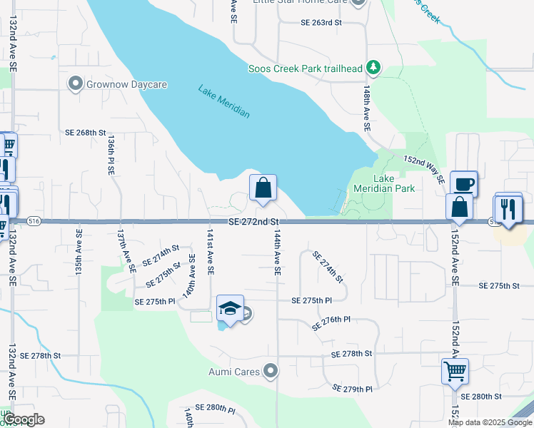 map of restaurants, bars, coffee shops, grocery stores, and more near 14402 Southeast 272nd Street in Kent