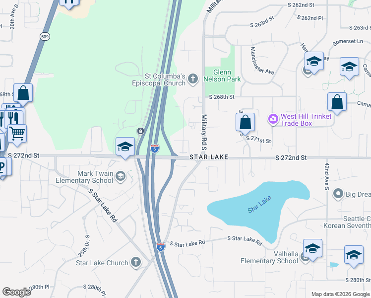 map of restaurants, bars, coffee shops, grocery stores, and more near 27118 30th Place South in Kent