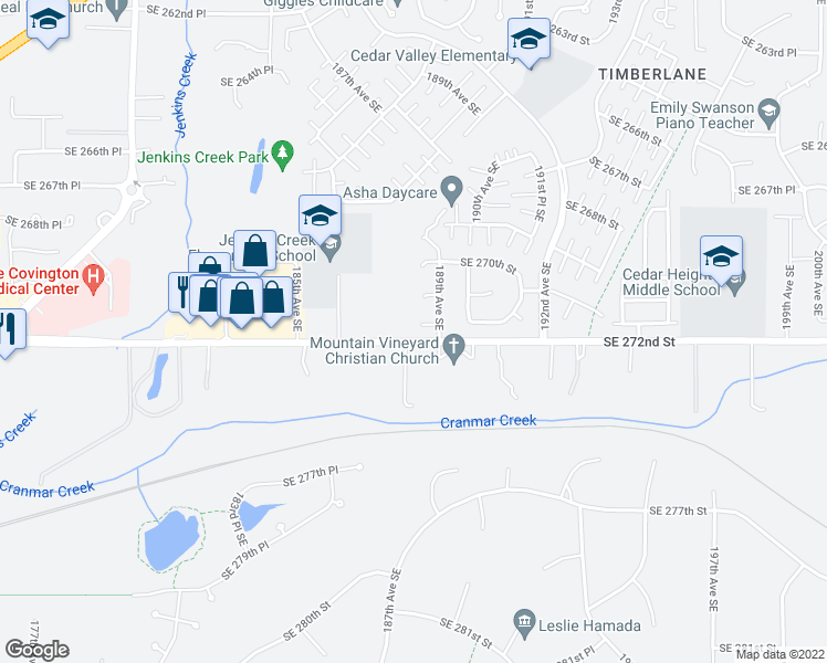 map of restaurants, bars, coffee shops, grocery stores, and more near 18817 Southeast 271st Place in Covington