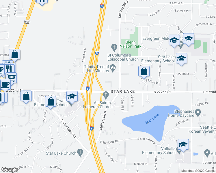 map of restaurants, bars, coffee shops, grocery stores, and more near 3032 South 272nd Street in Kent