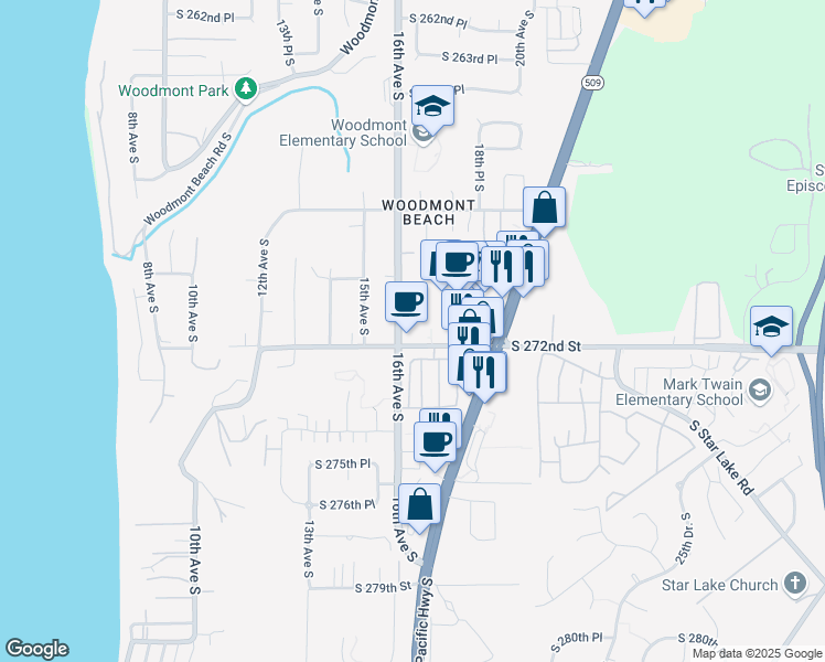 map of restaurants, bars, coffee shops, grocery stores, and more near 1600 South 272nd Street in Des Moines