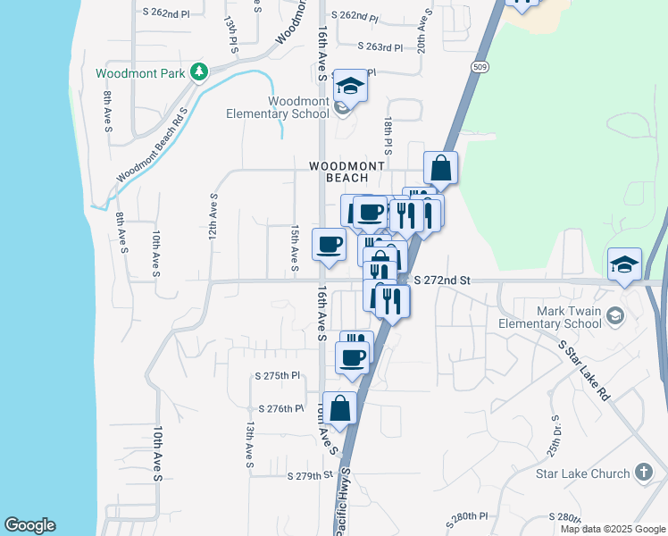 map of restaurants, bars, coffee shops, grocery stores, and more near 1600 South 272nd Street in Des Moines