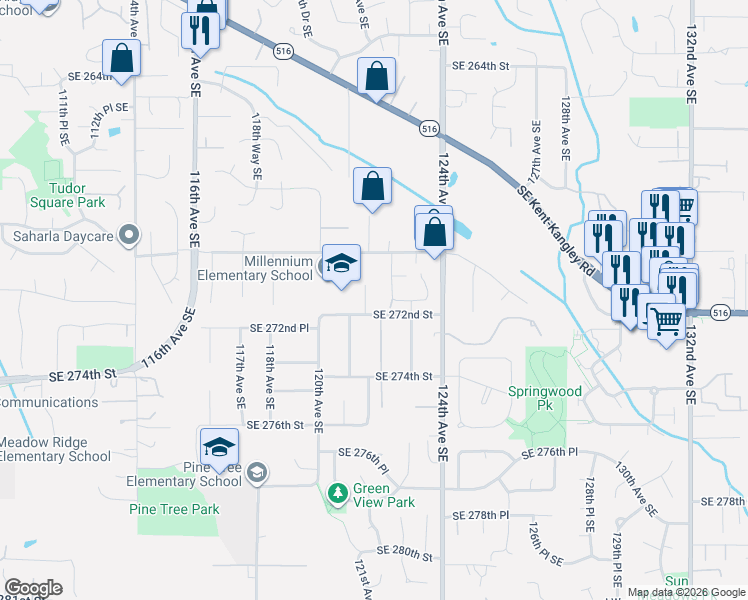 map of restaurants, bars, coffee shops, grocery stores, and more near 27210 121st Avenue Southeast in Kent