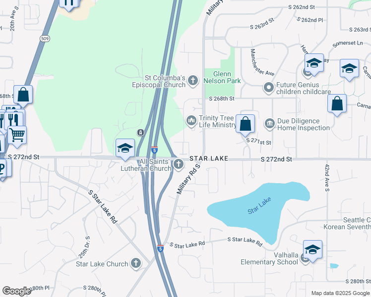 map of restaurants, bars, coffee shops, grocery stores, and more near 27114 30th Place South in Kent