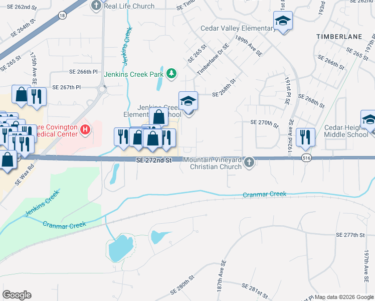 map of restaurants, bars, coffee shops, grocery stores, and more near 18521 Southeast 271st Place in Covington