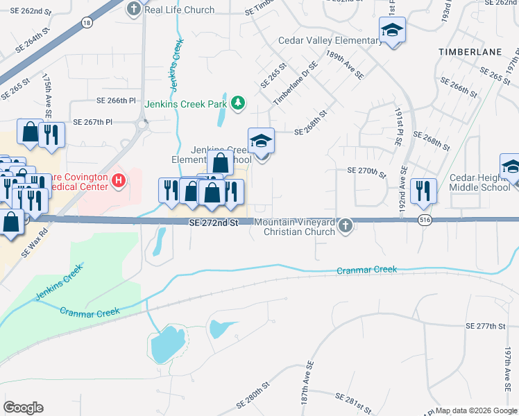 map of restaurants, bars, coffee shops, grocery stores, and more near 18521 Southeast 271st Place in Covington