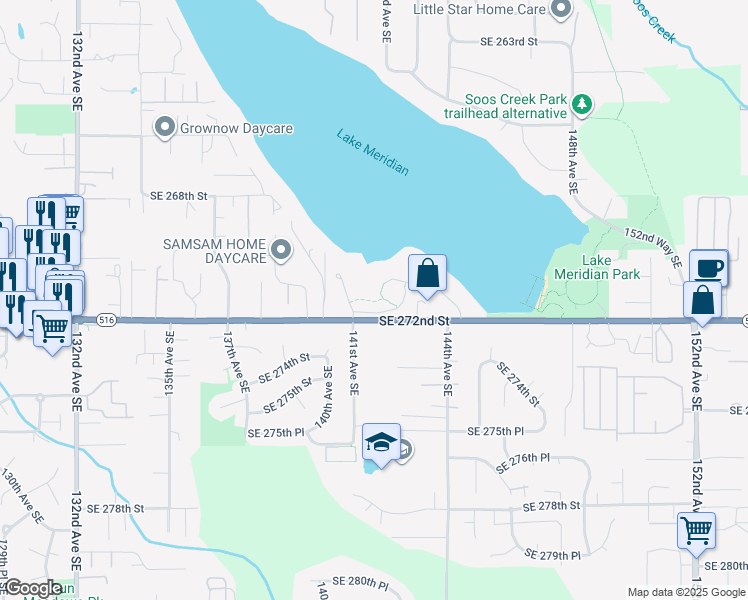 map of restaurants, bars, coffee shops, grocery stores, and more near 14200 Southeast 272nd Street in Kent