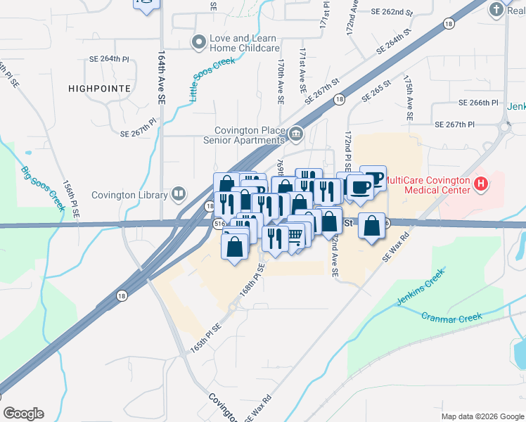 map of restaurants, bars, coffee shops, grocery stores, and more near 16767 Southeast 272nd Street in Covington
