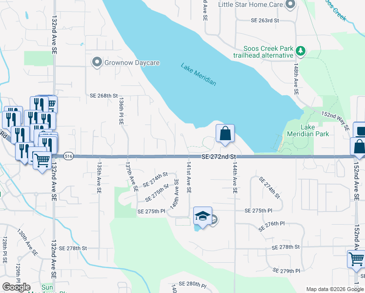 map of restaurants, bars, coffee shops, grocery stores, and more near 14023 Southeast 272nd Street in Kent