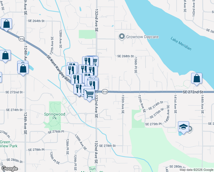 map of restaurants, bars, coffee shops, grocery stores, and more near 13240 Southeast 272nd Street in Kent