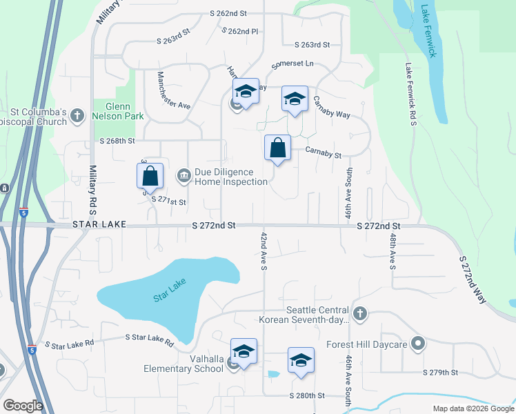 map of restaurants, bars, coffee shops, grocery stores, and more near 27130 41st Place South in Kent
