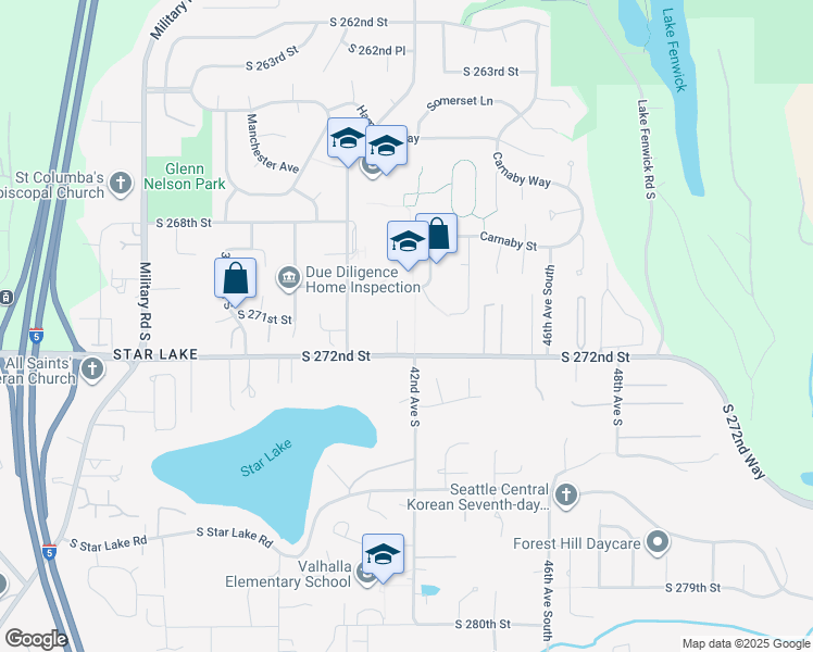 map of restaurants, bars, coffee shops, grocery stores, and more near 27130 41st Place South in Kent