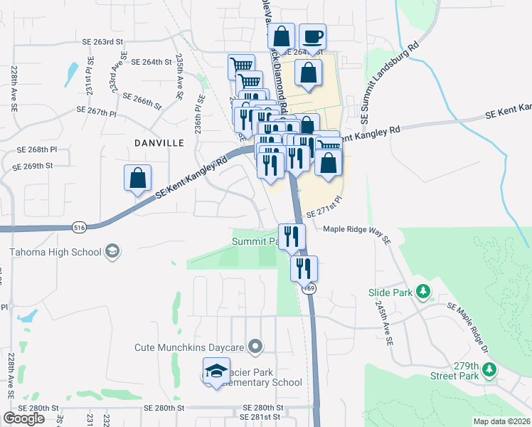 map of restaurants, bars, coffee shops, grocery stores, and more near 27066 Summit Park Way SE in Maple Valley
