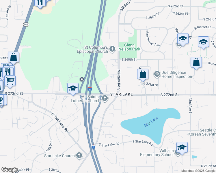 map of restaurants, bars, coffee shops, grocery stores, and more near 27106 30th Place South in Kent