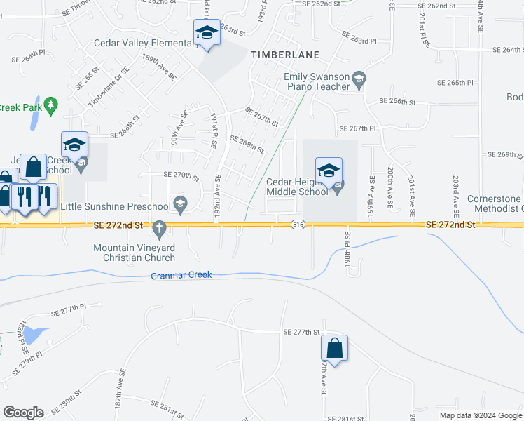 map of restaurants, bars, coffee shops, grocery stores, and more near 19403 Southeast 272nd Street in Covington