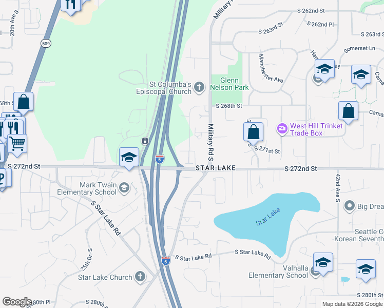 map of restaurants, bars, coffee shops, grocery stores, and more near 27106 30th Place South in Kent