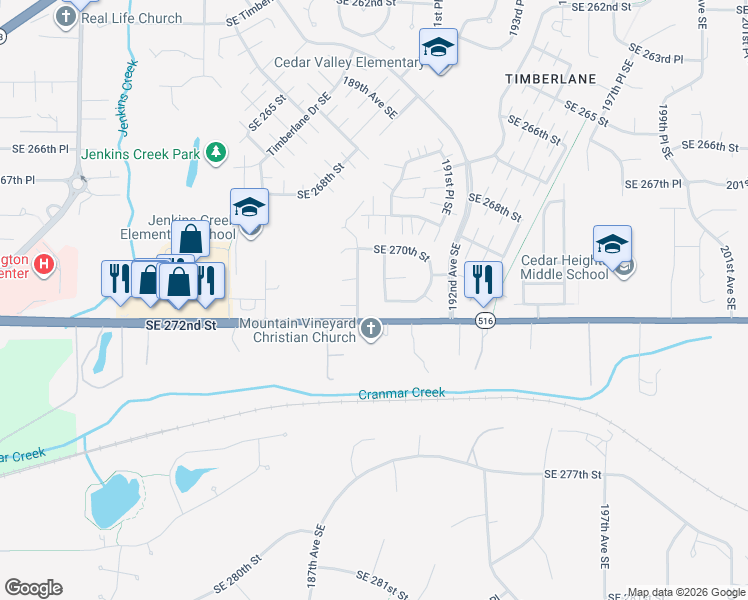 map of restaurants, bars, coffee shops, grocery stores, and more near 27053 190th Avenue Southeast in Covington