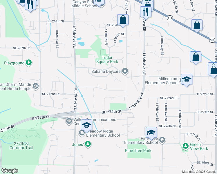 map of restaurants, bars, coffee shops, grocery stores, and more near 27054 111th Court Southeast in Kent