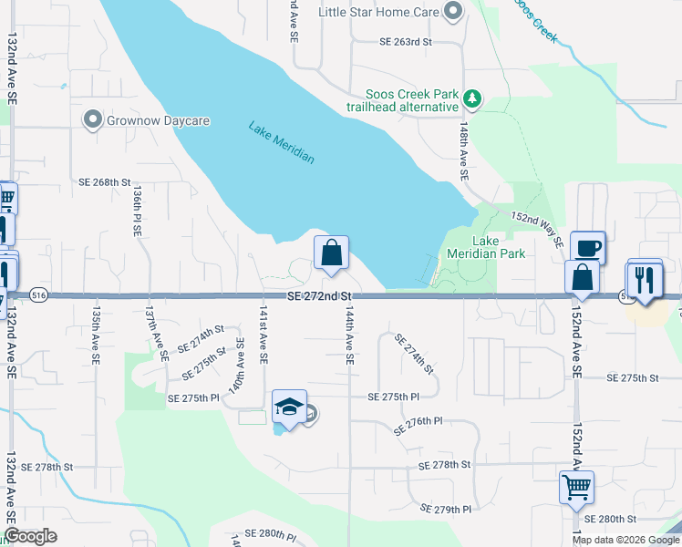 map of restaurants, bars, coffee shops, grocery stores, and more near 14402 Southeast 272nd Street in Kent