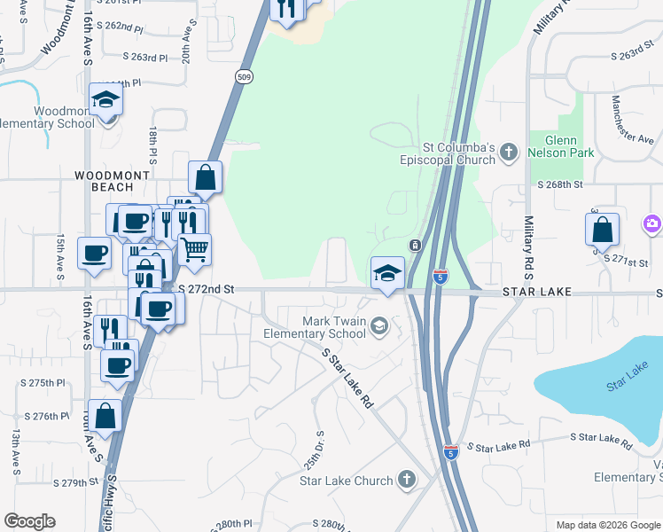 map of restaurants, bars, coffee shops, grocery stores, and more near 2500 South 272nd Street in Kent