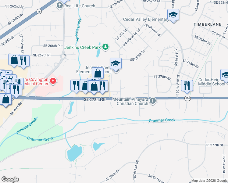 map of restaurants, bars, coffee shops, grocery stores, and more near 18510 Southeast 271st Place in Covington